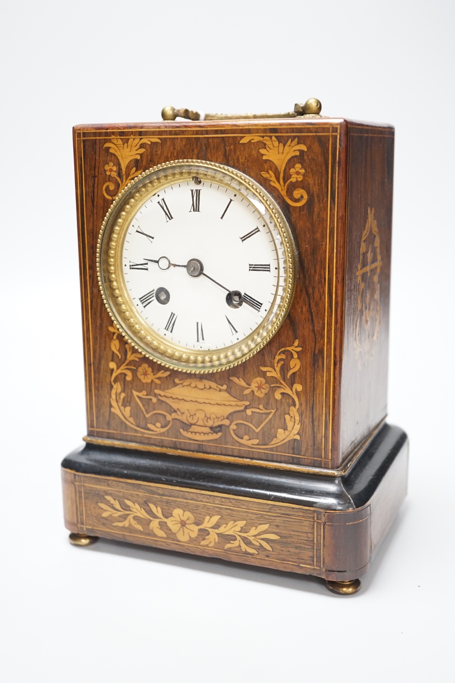 A 19th century French rosewood and marquetry mantel clock, 23cm